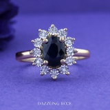 1.00 Carat (ctw) Kate Middleton Diana Replica 10K Yellow Gold Real Round Diamond With Real Oval Blue Sapphire Royal Engagement Ring 1 CT