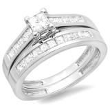 1.00 Carat (ctw) 14K White Gold Princess Diamond Ladies Bridal Engagement Ring Set Matching Band
