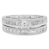 1.00 Carat (ctw) 14K White Gold Princess Diamond Ladies Bridal Engagement Ring Set Matching Band