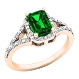 7X5 MM Emerald Cut Lab Created Emerald & White Diamond Ladies Engagement Ring 18K Rose Gold