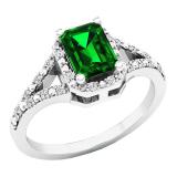 7X5 MM Emerald Cut Lab Created Emerald & White Diamond Ladies Engagement Ring 18K White Gold