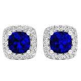 Sterling Silver 5 MM Each Cushion Cut Lab Created Blue Sapphire & Round Diamond Ladies Stud Earrings