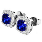 Sterling Silver 5 MM Each Cushion Cut Lab Created Blue Sapphire & Round Diamond Ladies Stud Earrings