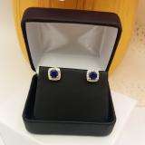 Sterling Silver 5 MM Each Cushion Cut Lab Created Blue Sapphire & Round Diamond Ladies Stud Earrings