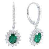 14K White Gold 7X5 MM Each Oval Cut Lab Created Emerald & Round Diamond Ladies Dangling Earrings