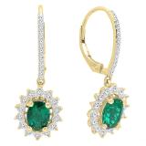 14K Yellow Gold 7X5 MM Each Oval Cut Lab Created Emerald & Round Diamond Ladies Dangling Earrings