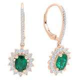 18K Rose Gold 7X5 MM Each Oval Cut Lab Created Emerald & Round Diamond Ladies Dangling Earrings