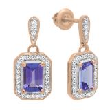 14K Rose Gold 6X4 MM Each Emerald Cut Lab Created Tanzanite & Round Cut White Diamond Ladies Drop Earrings