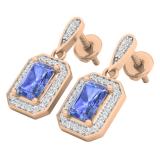 14K Rose Gold 6X4 MM Each Emerald Cut Lab Created Tanzanite & Round Cut White Diamond Ladies Drop Earrings
