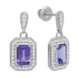 14K White Gold 6X4 MM Each Emerald Cut Lab Created Tanzanite & Round Cut White Diamond Ladies Drop Earrings