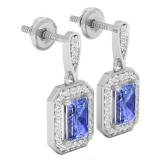 14K White Gold 6X4 MM Each Emerald Cut Lab Created Tanzanite & Round Cut White Diamond Ladies Drop Earrings