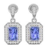 14K White Gold 6X4 MM Each Emerald Cut Lab Created Tanzanite & Round Cut White Diamond Ladies Drop Earrings