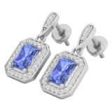 14K White Gold 6X4 MM Each Emerald Cut Lab Created Tanzanite & Round Cut White Diamond Ladies Drop Earrings