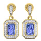 14K Yellow Gold 6X4 MM Each Emerald Cut Lab Created Tanzanite & Round Cut White Diamond Ladies Drop Earrings