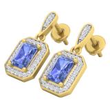 14K Yellow Gold 6X4 MM Each Emerald Cut Lab Created Tanzanite & Round Cut White Diamond Ladies Drop Earrings