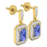 18K Yellow Gold 6X4 MM Each Emerald Cut Lab Created Tanzanite & Round Cut White Diamond Ladies Drop Earrings