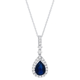 18K White Gold 9X7 MM Pear Cut Lab Created Blue Sapphire & Round Cut Diamond Ladies Pendant