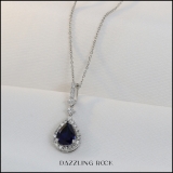 18K White Gold 9X7 MM Pear Cut Lab Created Blue Sapphire & Round Cut Diamond Ladies Pendant
