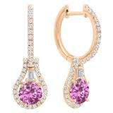 14K Rose Gold 5.5 MM Each Round Lab Created Pink Sapphire And Round & Baguette Diamond Earrings