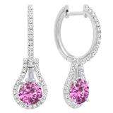 14K White Gold 5.5 MM Each Round Lab Created Pink Sapphire And Round & Baguette Diamond Earrings