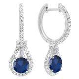 10K White Gold 5.5 MM Each Round Lab Created Blue Sapphire And Round & Baguette Diamond Earrings