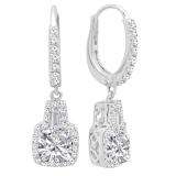 10K White Gold 5 MM Each Cushion Cut Created White Sapphire & Tapered & Round Diamond Drop Earrings