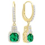 14K Yellow Gold 5 MM Each Cushion Cut Created Emerald And Tapered & Round Diamond Drop Earrings