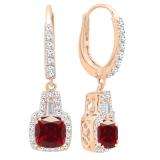 18K Rose Gold 5 MM Each Cushion Cut Created Ruby And Tapered & Round Diamond Drop Earrings