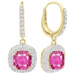 14K Yellow Gold 6 MM Each Cushion Cut Lab Created Pink Sapphire & Round Diamond Dangling Earrings
