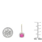 14K Yellow Gold 6 MM Each Cushion Cut Lab Created Pink Sapphire & Round Diamond Dangling Earrings