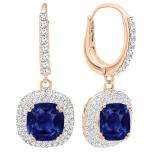 10K Rose Gold 6 MM Each Cushion Cut Lab Created Blue Sapphire & Round Diamond Dangling Earrings