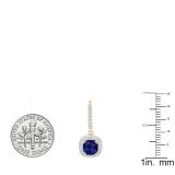 10K Rose Gold 6 MM Each Cushion Cut Lab Created Blue Sapphire & Round Diamond Dangling Earrings