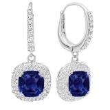 10K White Gold 6 MM Each Cushion Cut Lab Created Blue Sapphire & Round Diamond Dangling Earrings