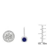 10K White Gold 6 MM Each Cushion Cut Lab Created Blue Sapphire & Round Diamond Dangling Earrings