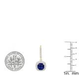 10K Yellow Gold 6 MM Each Cushion Cut Lab Created Blue Sapphire & Round Diamond Dangling Earrings