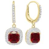 10K Yellow Gold 6 MM Each Cushion Cut Lab Created Ruby & Round Diamond Dangling Earrings