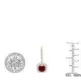 10K Yellow Gold 6 MM Each Cushion Cut Lab Created Ruby & Round Diamond Dangling Earrings