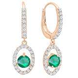14K Rose Gold 4.5 MM Each Round Cut Lab Created Emerald & White Diamond Dangling Earrings