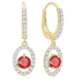 14K Yellow Gold 4.5 MM Each Round Cut Lab Created Ruby & White Diamond Dangling Earrings