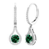 14K White Gold 5.5 MM Each Round Cut Lab Created Emerald & White Diamond Dangling Earrings