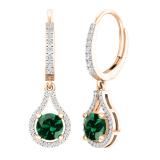 18K Rose Gold 5.5 MM Each Round Cut Lab Created Emerald & White Diamond Dangling Earrings