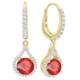 18K Yellow Gold 5.5 MM Each Round Cut Lab Created Ruby & White Diamond Dangling Earrings