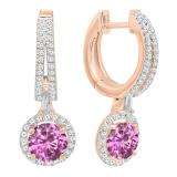 10K Rose Gold 5.5 MM Each Round Lab Created Pink Sapphire & White Diamond Ladies Dangling Earrings