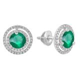 14K White Gold 6 MM Each Round Lab Created Emerald & White Diamond Ladies Stud Earrings