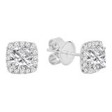 10K White Gold Each 4 MM Cushion Cut Lab Created White Sapphire & Round Diamond Halo Stud Earrings