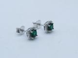 14K White Gold Each 4 MM Cushion Cut Lab Created Emerald & Round Diamond Halo Stud Earrings