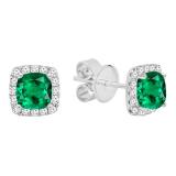 18K White Gold Each 4 MM Cushion Cut Lab Created Emerald & Round Diamond Halo Stud Earrings