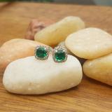 18K White Gold Each 4 MM Cushion Cut Lab Created Emerald & Round Diamond Halo Stud Earrings