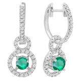 10K White Gold 4.5 MM Round Lab Created Emerald & White Diamond Ladies Halo Dangling Earrings