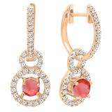 10K Rose Gold 4.5 MM Round Lab Created Ruby & White Diamond Ladies Halo Dangling Earrings